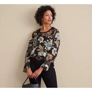 Soft Surroundings Deanna dark floral blouse satin trim Size L semi-sheer